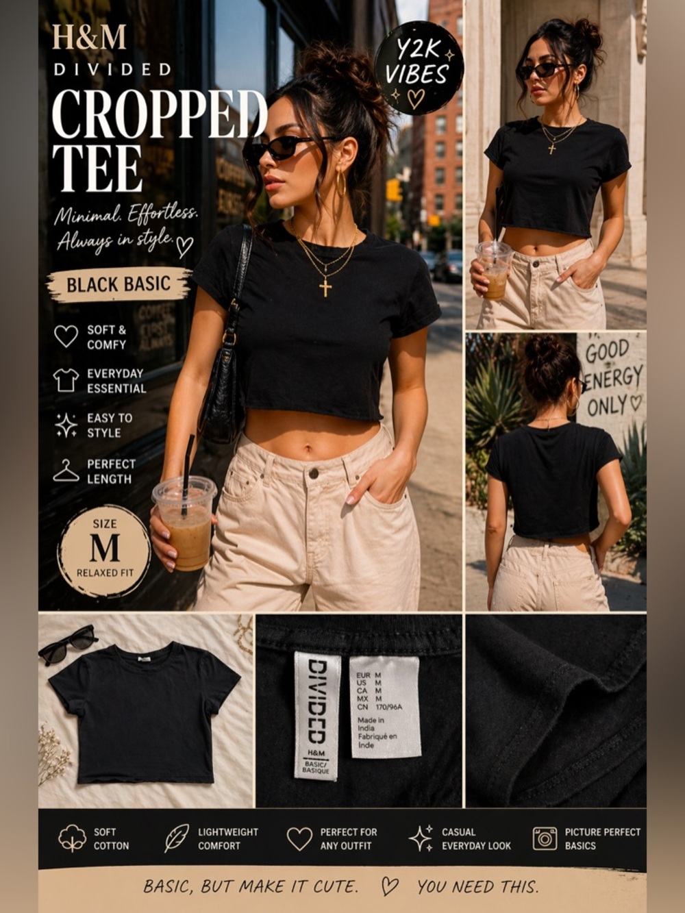 H&M Divided Black Cropped Tee Top Basic Minimalist